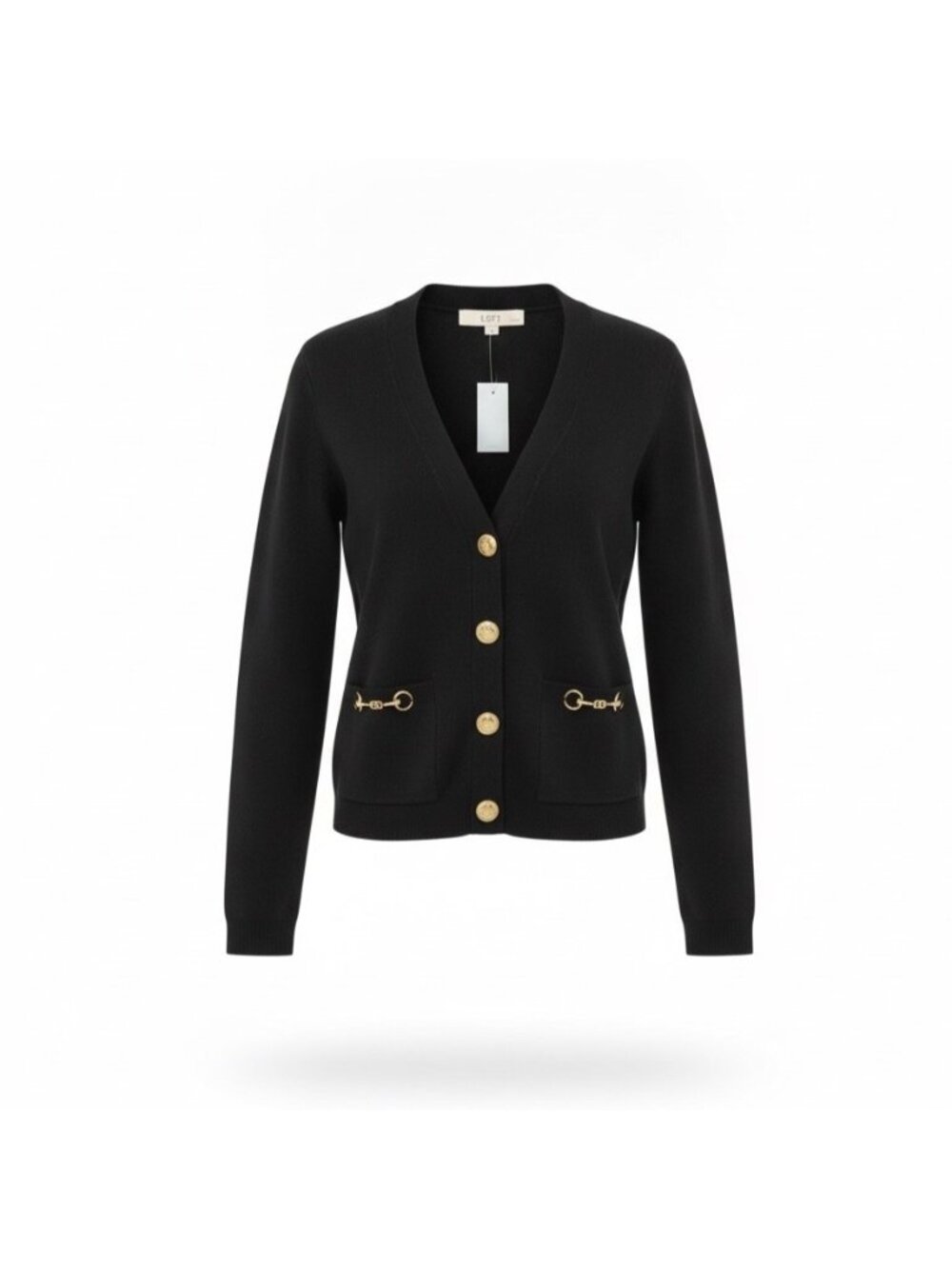 Ann Taylor Loft Women’s Black Cardigan Sweater Gold-Accents Long-Sleeves Sz XSP